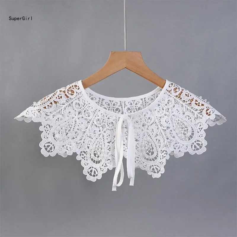 

Women Hollow Out Crochet Lace Shawl Fake Collar Shiny Pearl Beaded Necklace Cape J78E