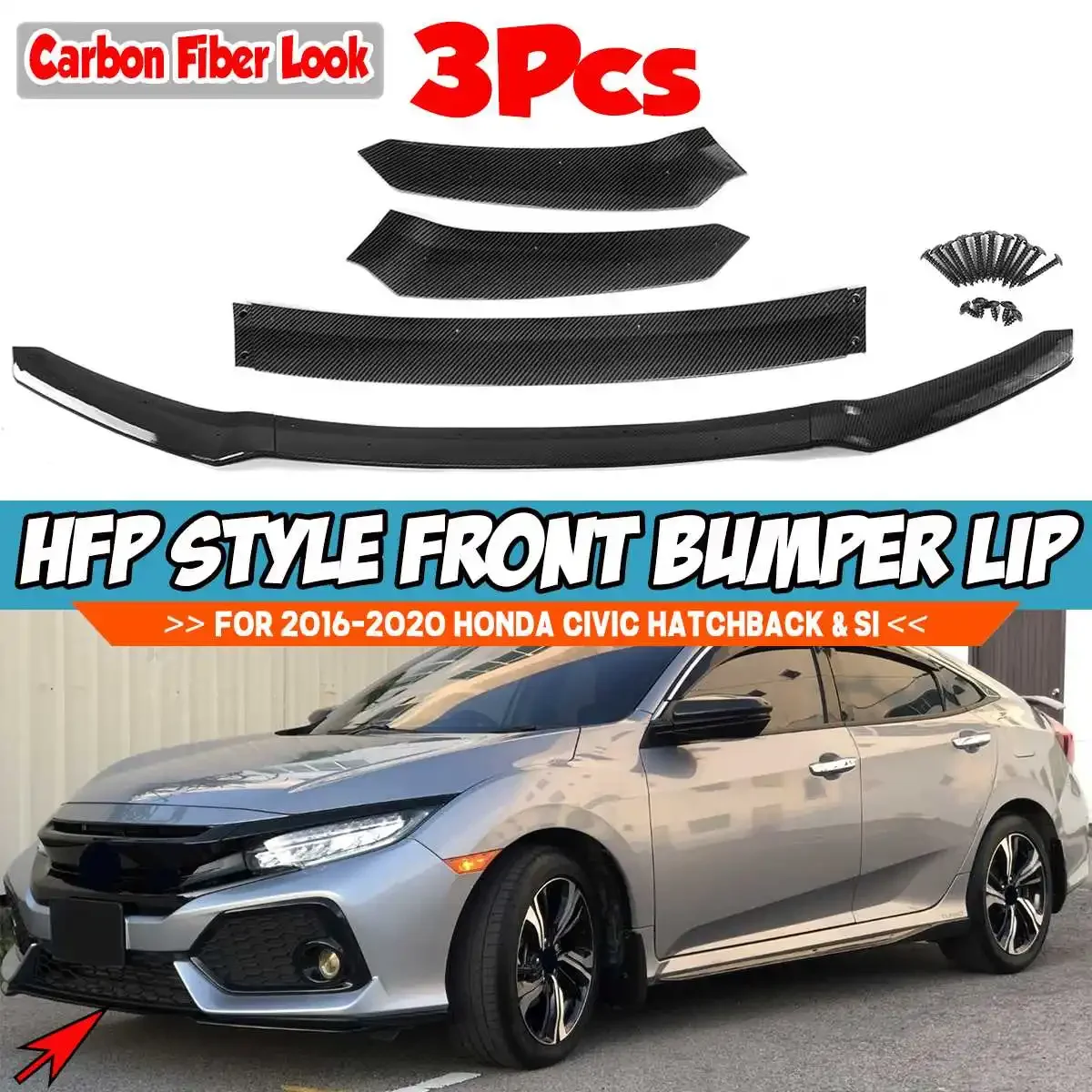 

For Honda Civic Hatchback & Si 2016-2020 Car Front Bumper Lip Spoiler Splitter Diffuser Protection Deflector Lip Exterior Part