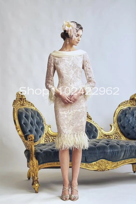 

Ivory Champagne Knee-length Mother of The Bride Groom Dresses with Long Sleeve Lace Stain Feather Outfit Godmother Gown