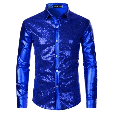 

Luxury Royal Blue Sequin Metallic Dress Shirts Men 2023 New Long Sleeve 70's Disco Party Shirt Male Christmas Halloween Costume