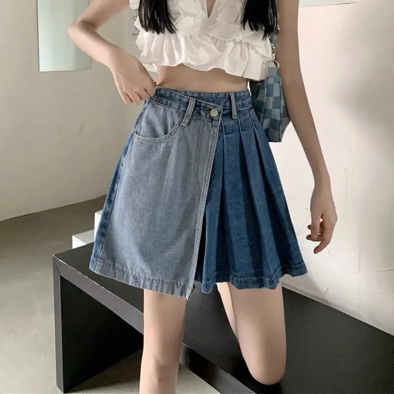 

Fashion Spliced Folds Asymmetrical Casual Denim Skirts Female Clothing 2024 Summer New Loose All-match High Waist Skirt