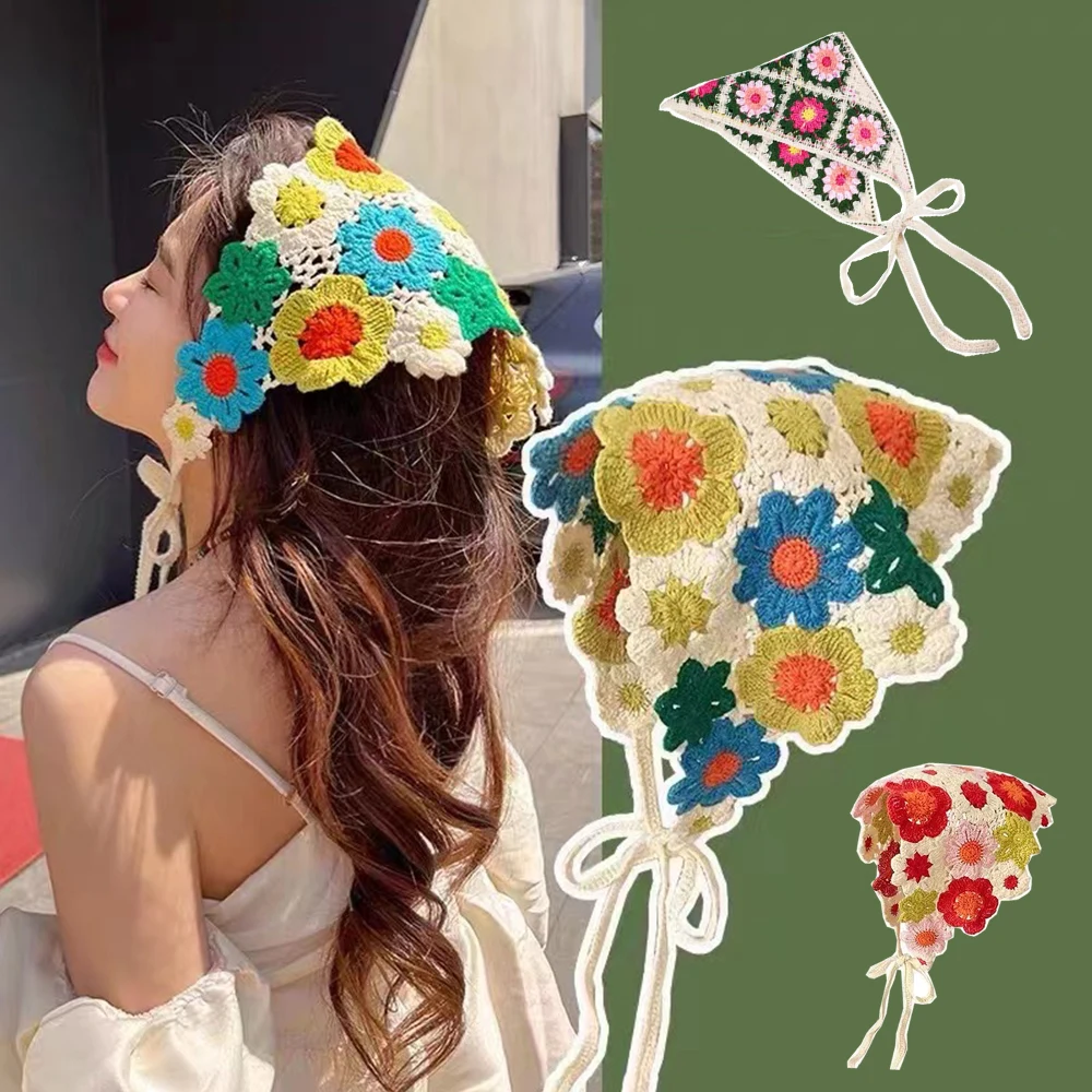 

French Retro Knitted Spice Girl Triangle Scarf Headgear Travel Sweet Cute Crochet Literary Artistic Headscarf Women Headband