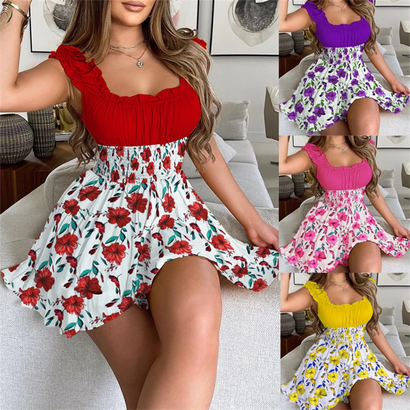 

5 Colors New Summer Girl Maid Tight Slim Sexy Short Skirt Flower Square Collar Folds Slip Dress Women Mini Boho Slinky Dresses