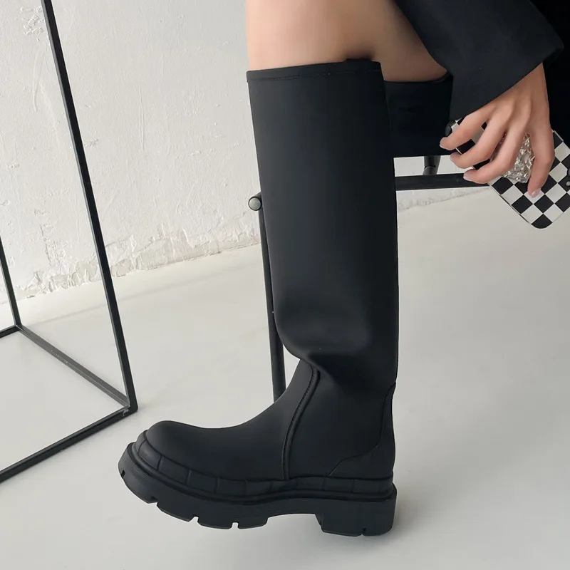 

Round Toe Platform Knee Boots Slip-on Leather Grey Botas Femininas Women Casual Botines Women Shoes Zapatos Mujer Chaussure