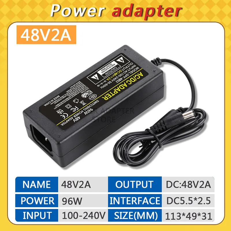 

DC 48V2A Power Supply Adapter, AC 100-240V to DC 48V 2A Switching Transformer Jack 5.5mm x 2.5mm for LED Strip, Light, Cameras