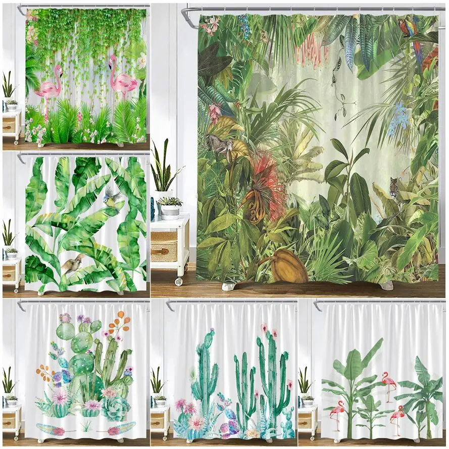 

Tropical Plant Shower Curtains Cactus Plantain Palm Leaves Flamingo Parrot Monkey Tiger Animal Print Wall Hanging Bathroom Decor