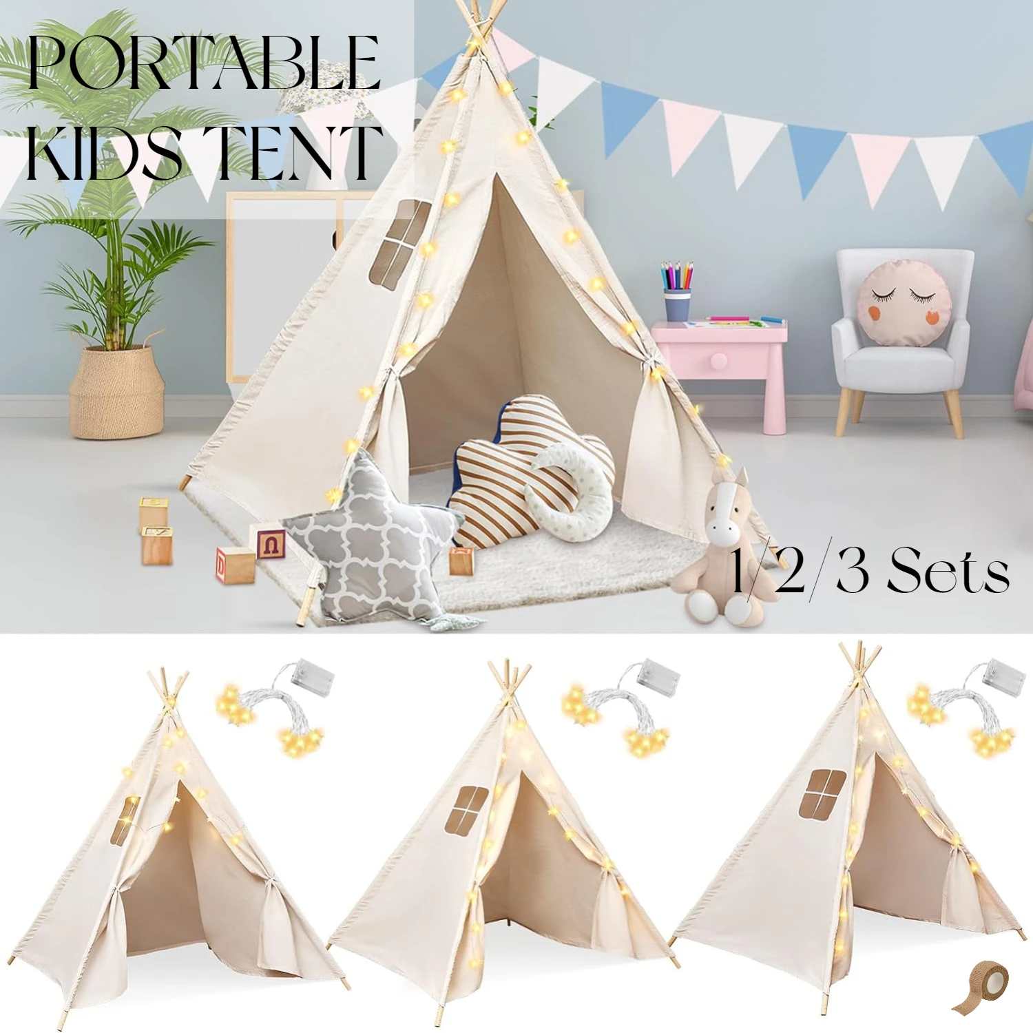 

1.6M Kids Tent Teepee Tent Portable Children Play Tent Cotton Canvas Toddler Tent with Star Light Sleepovers Birthday Spa Party