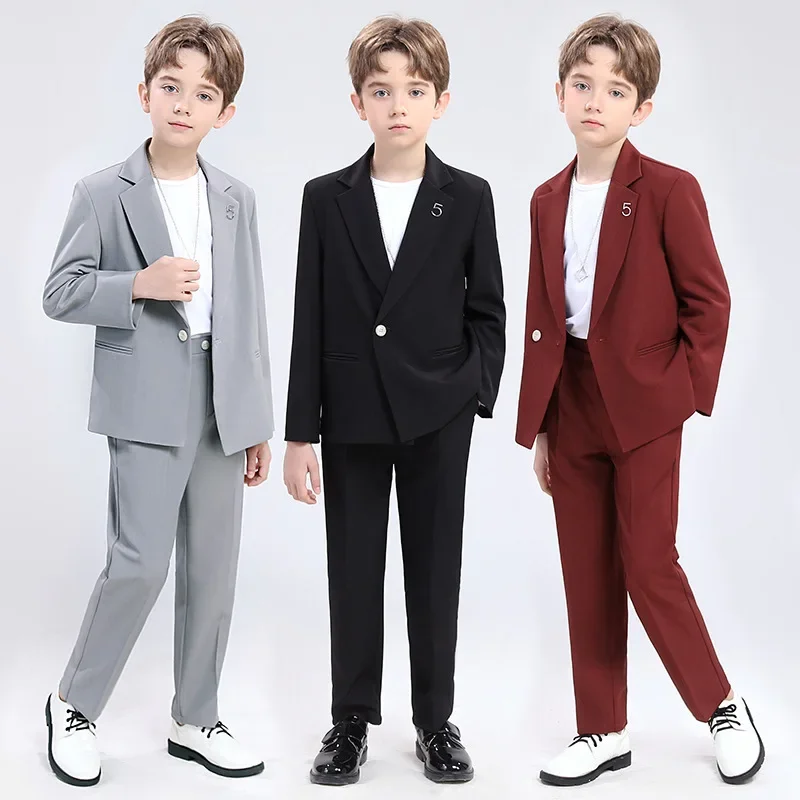 

Boys Grey blue Red Slim Fit Suits Formal Wear Children Teenager Best man Host Performance Clothes Kids Students Party Full Dress