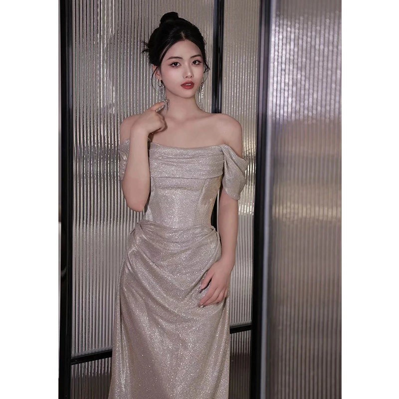 

Elegant Shiny Off Shoulder Evening Dresses For Women Solid Sleeveless Slim Long Party Prom Gown Female Host Performance Dress