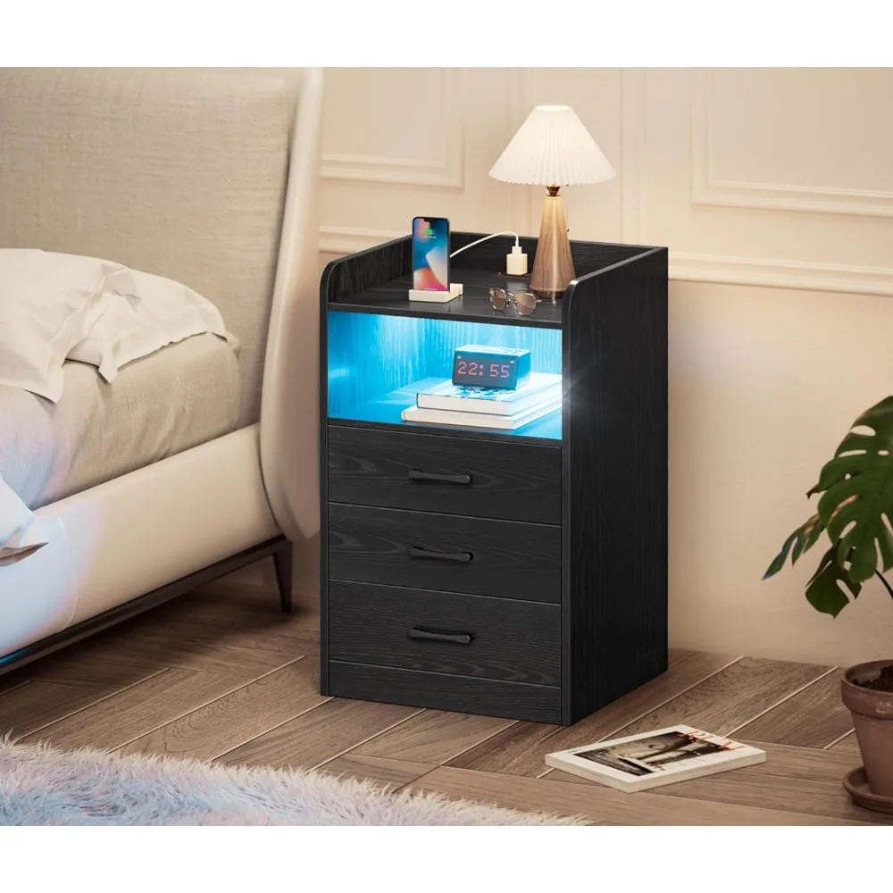 

Nightstand with Charging Station and LED Light Strips,NightStand with Drawers,End Table with USB Ports and Outlets,Bedside Table