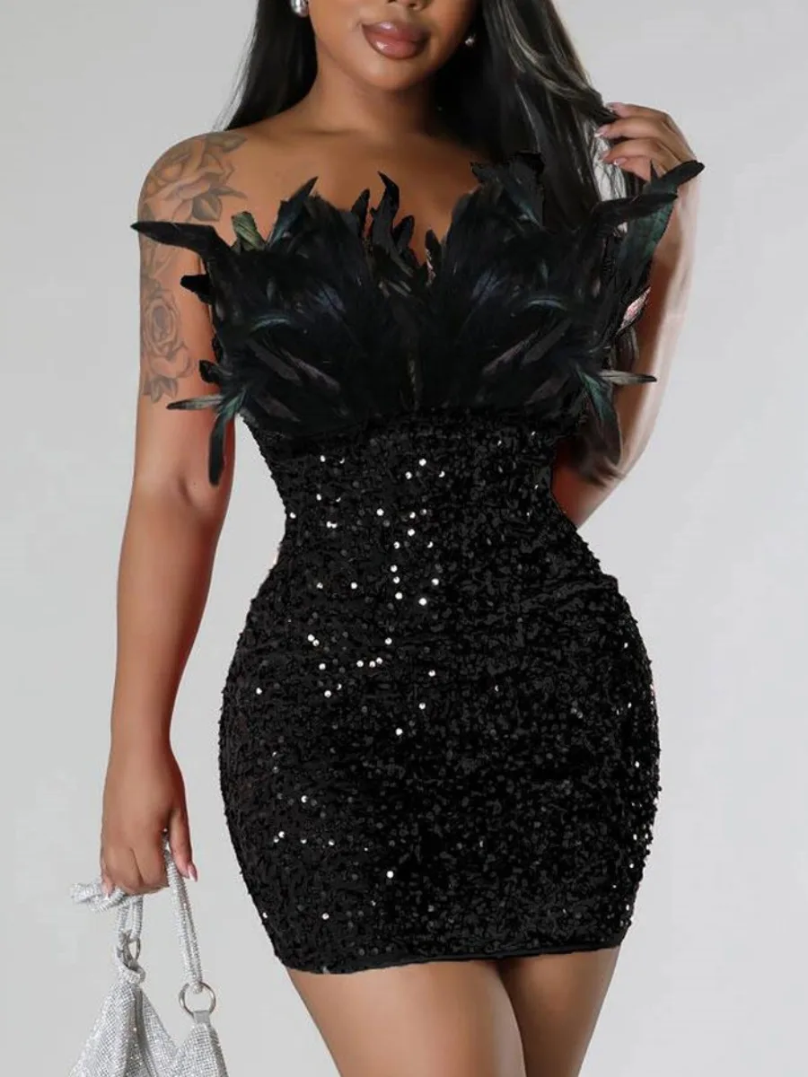 

LW Off The Shoulder Sequined Feathers Decor Bodycon Dress Strapless Sexy Sheath Women's Party Clubwears Elegant Mini Dresses
