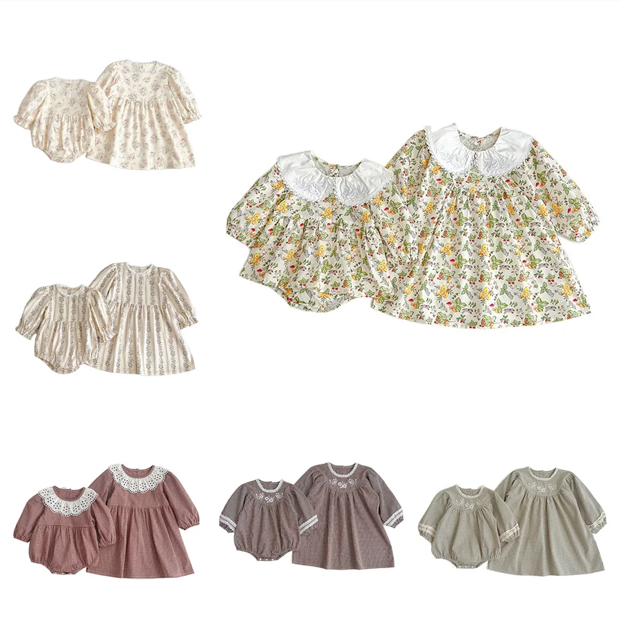 

Корейские Детские платья для девочек, Осеннее Новое Цветочное платье для маленьких девочек, кружевное милое платье с длинным рукавом для девочек, платье для сестер
