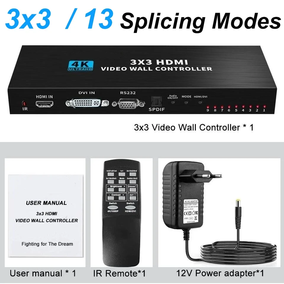1080p 4K 3X3 Video Wall Controller DVI HDMI TV Video Splicer Multi Screen Splicer HDMI Video Wall Processor 180°Screen Rotation
1080p 4K 3X3 Video Wall Controller DVI HDMI TV Video Splicer Multi Screen Splicer HDMI Video Wall Processor 180°Screen Rotation