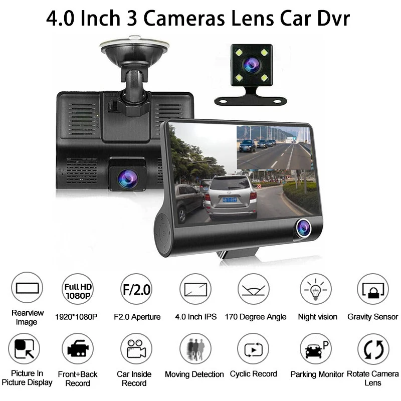 

3 Channel Car DVR HD 1080P 3-Lens Inside Vehicle Dash CamThree Way Camera DVRs Recorder Video Registrator Dashcam Camcorder