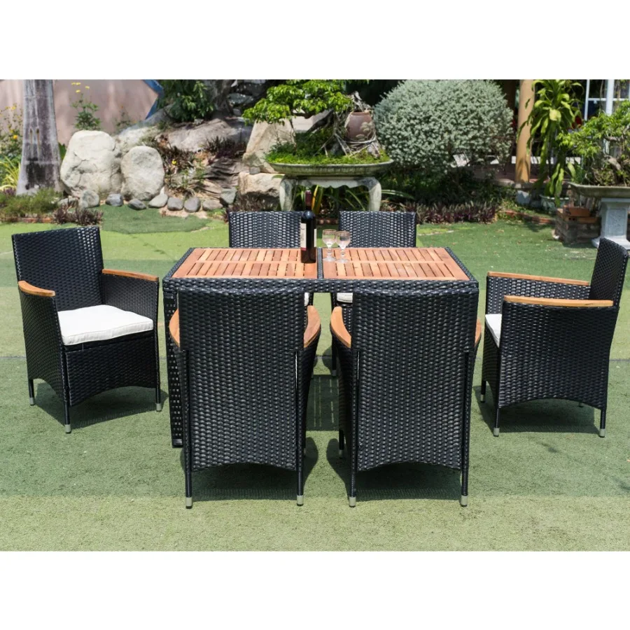 EELIFEE 7 piece Outdoor Patio Wicker Dining Set Patio Wicker Furniture Dining Set w Acacia Wood Top EELIFEE 7 piece Outdoor Patio Wicker Dining Set Patio Wicker Furniture Dining Set w Acacia Wood Top
