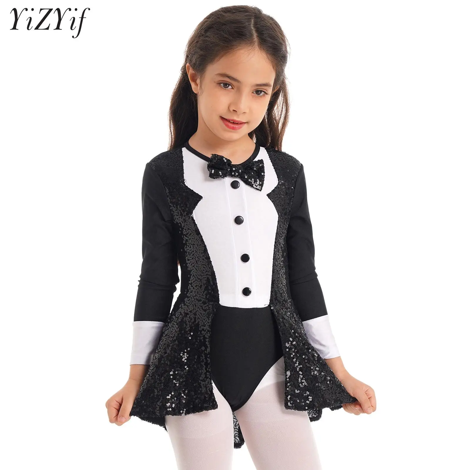 

Kids Girls Halloween Circus Stage Performance Costume Ringmaster Fancy Dress Up Long Sleeves Bow Tie Bling Sequin Dance Leotard