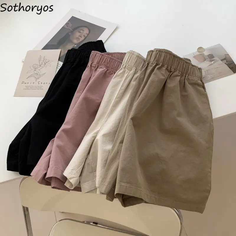 

Loose Shorts Women Elastic High Waist Summer Korean Cute Female Wide Leg Casual Solid All-match Stylish Teens Cozy Simple Daily