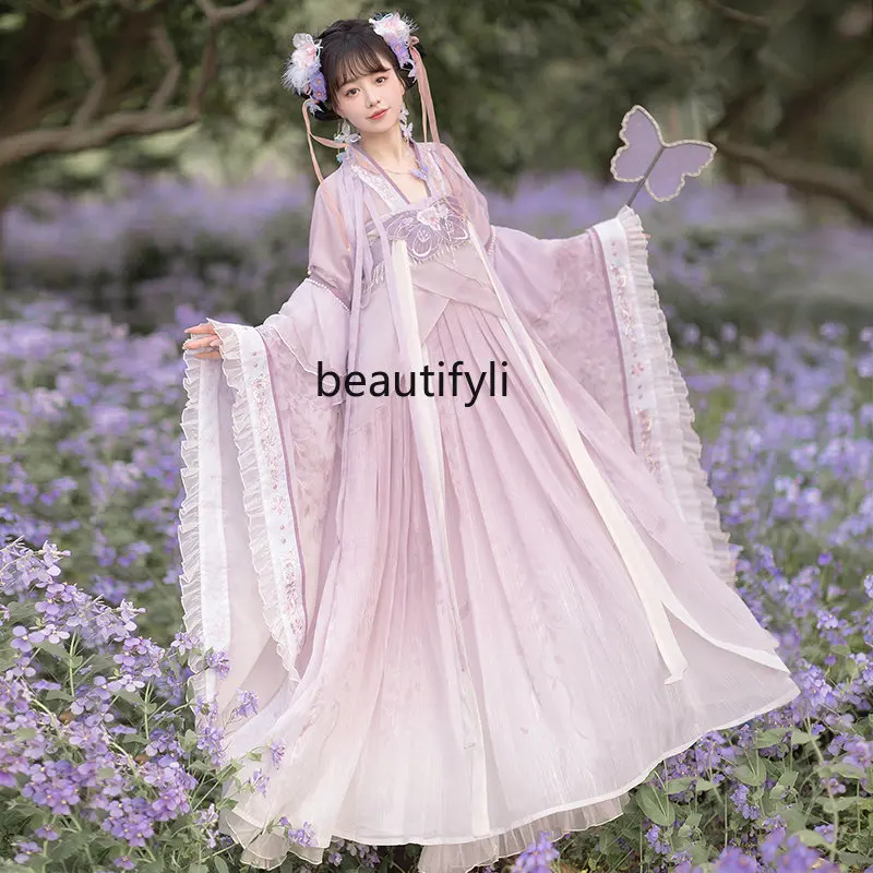 

Yj веер цветок зеркала ханьфу летняя супер фея потока Феи юбка с широкими рукавами китайский стиль груди высокий костюм