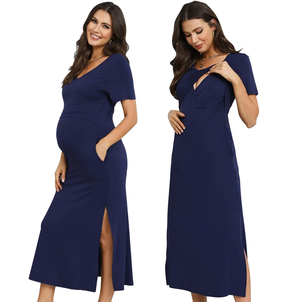 

Summer Premama Nursing Dress Solid Short Sleeve Pregnant Women Baby Shower Breastfeeding Dresses Maternity Clothing Photoshoots