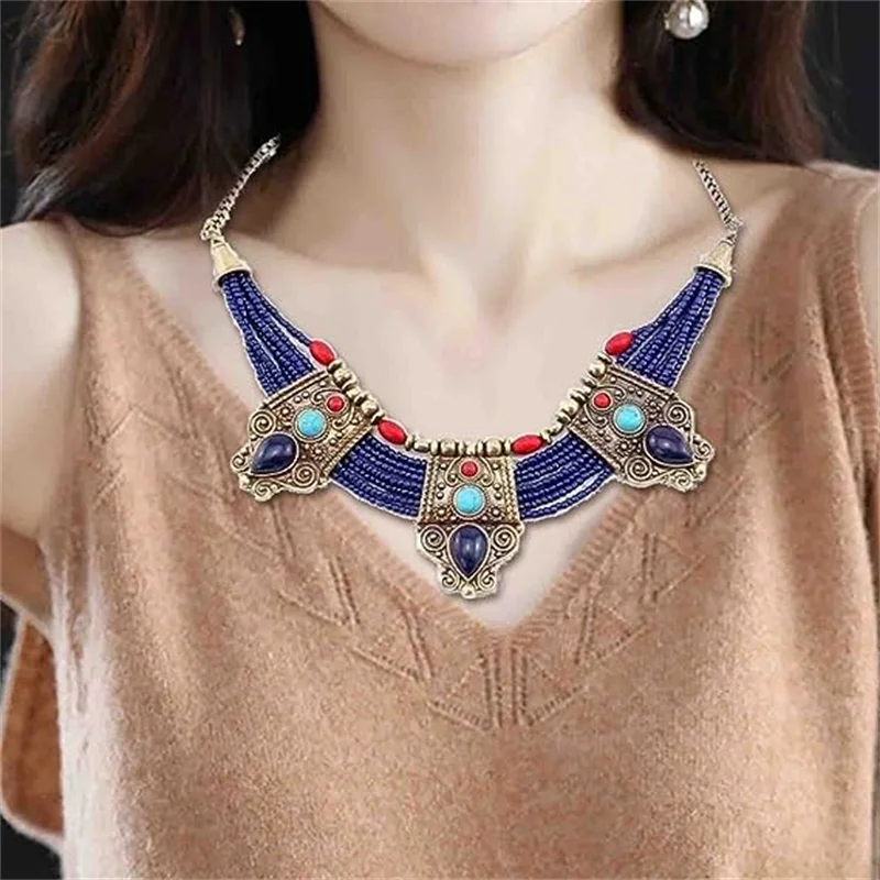 

Boho Ethnic Multi Layer Seed Beads Turquoise Statement Necklace Bohemian Exaggerated Metal Crystal Pendant Necklaces Jewelr Gift