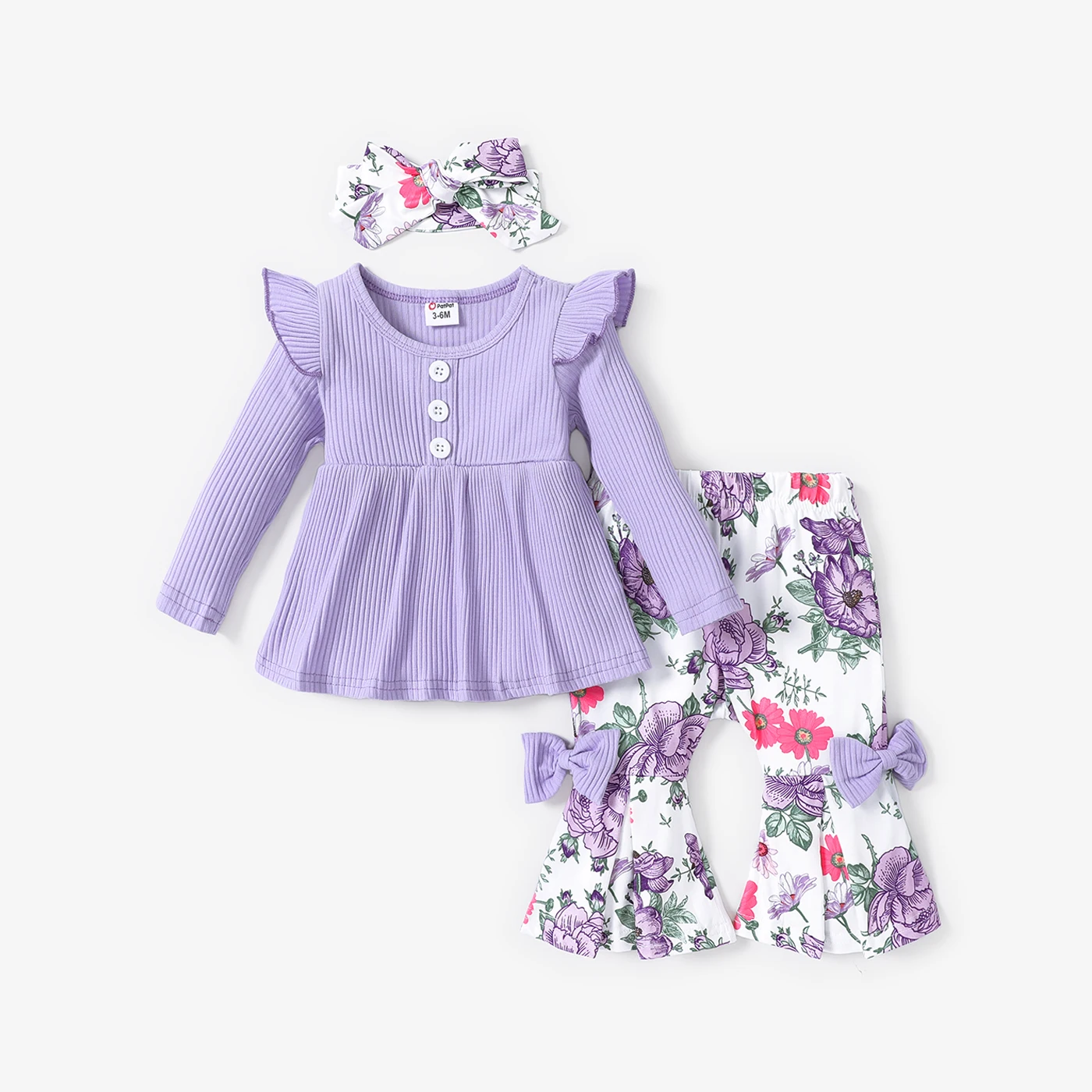 

PatPat 2pcs Baby Girl 95% Cotton Ribbed Ruffle Buttons Front Long-sleeve Top and Allover Floral Print Bow Decor Flared Pants Set