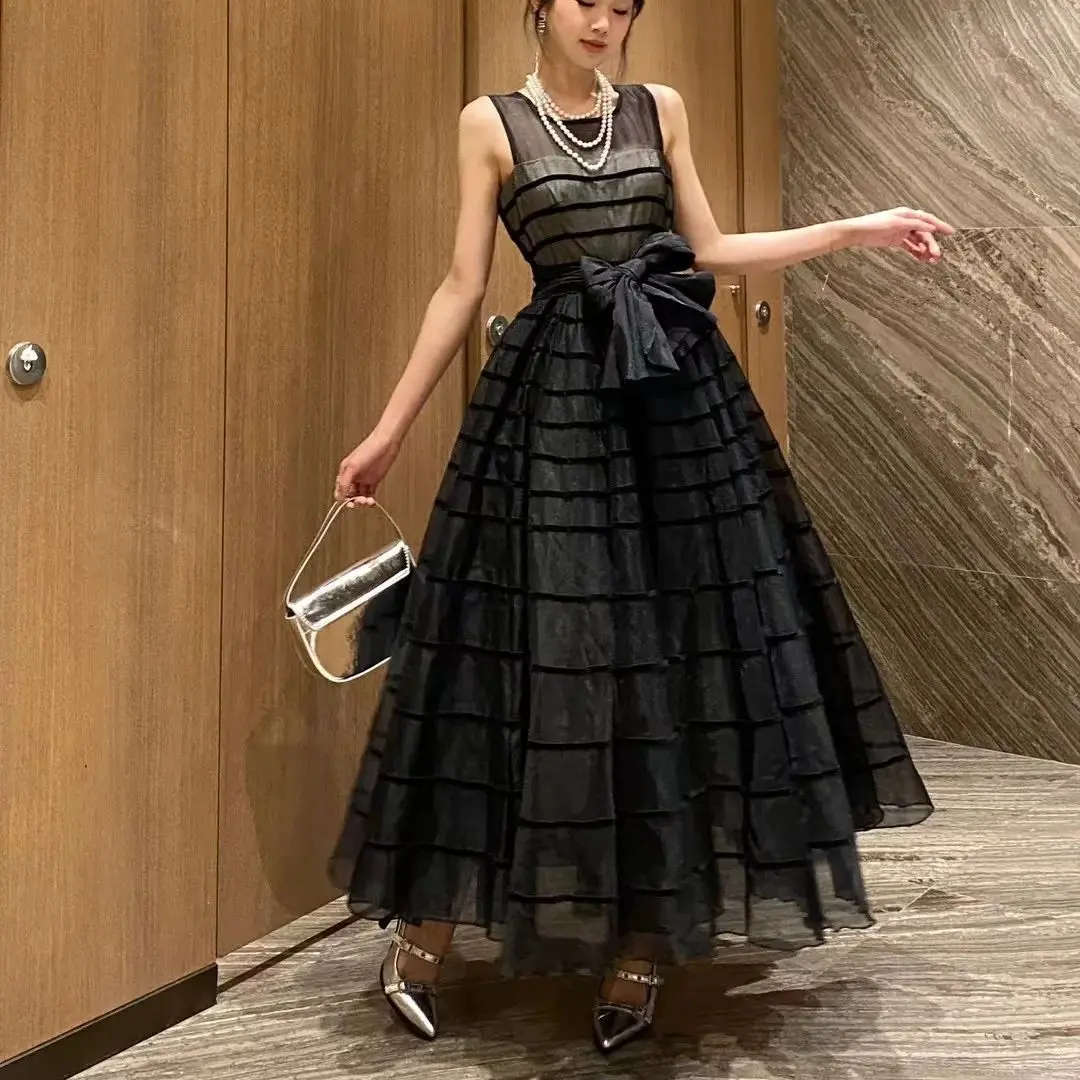 

Fairy long dress dress 2024 Spring women's round neck sleeveless see-through stripes big swing lace bow dress