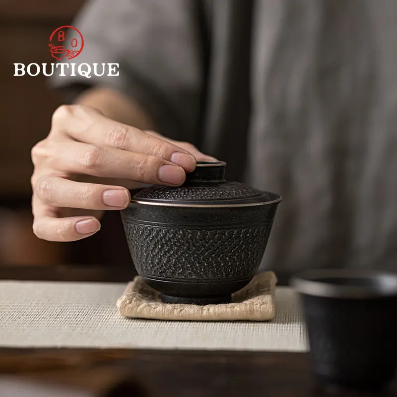 140ml Handmade Jumping Knife Craft Tea Tureen Retro Silver and Black Ceramic GaiWan Kung Fu Tea Set Cover Bowl Customized Gift
140ml Handmade Jumping Knife Craft Tea Tureen Retro Silver and Black Ceramic GaiWan Kung Fu Tea Set Cover Bowl Customized Gift