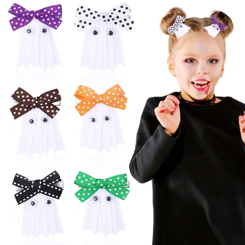 

ncmama Halloween Hair Bow with Clip For Baby Girl Cute Ghost Bowknote Hairpin Barrettes Kids Headdress Boutique Hair Accessories