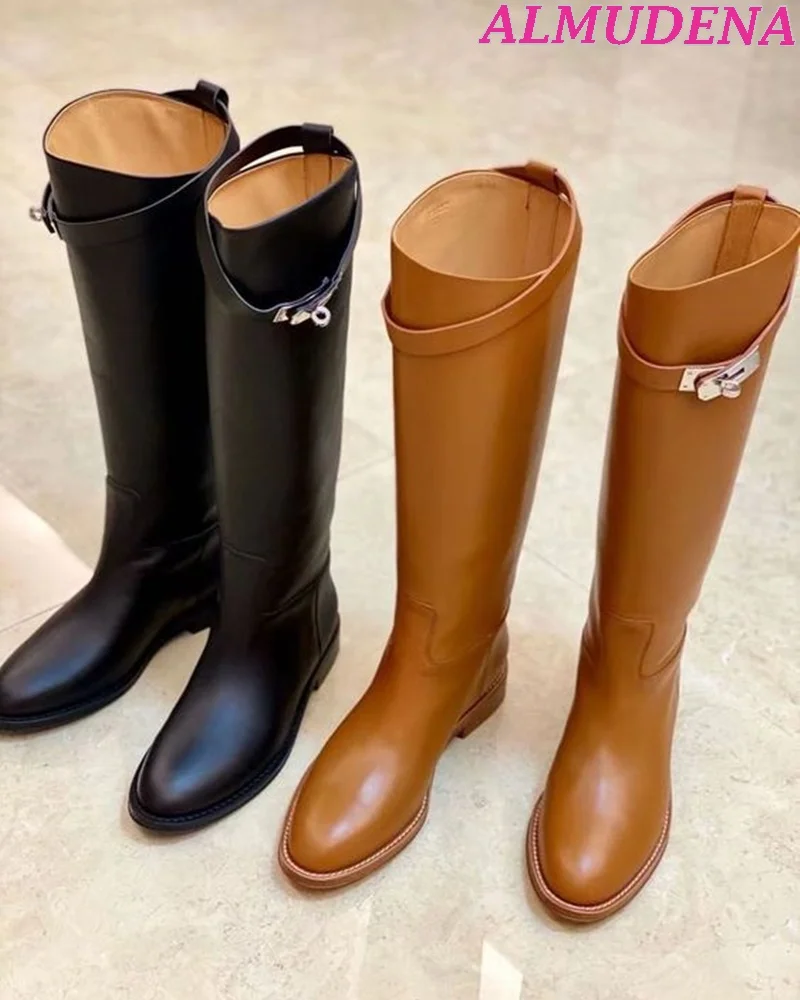 

Causal Buckled Real Leather Knee High Boots Women Brown\Black Flat Round Toe Knight Boots Luxury Designer Shoes Big Size New in