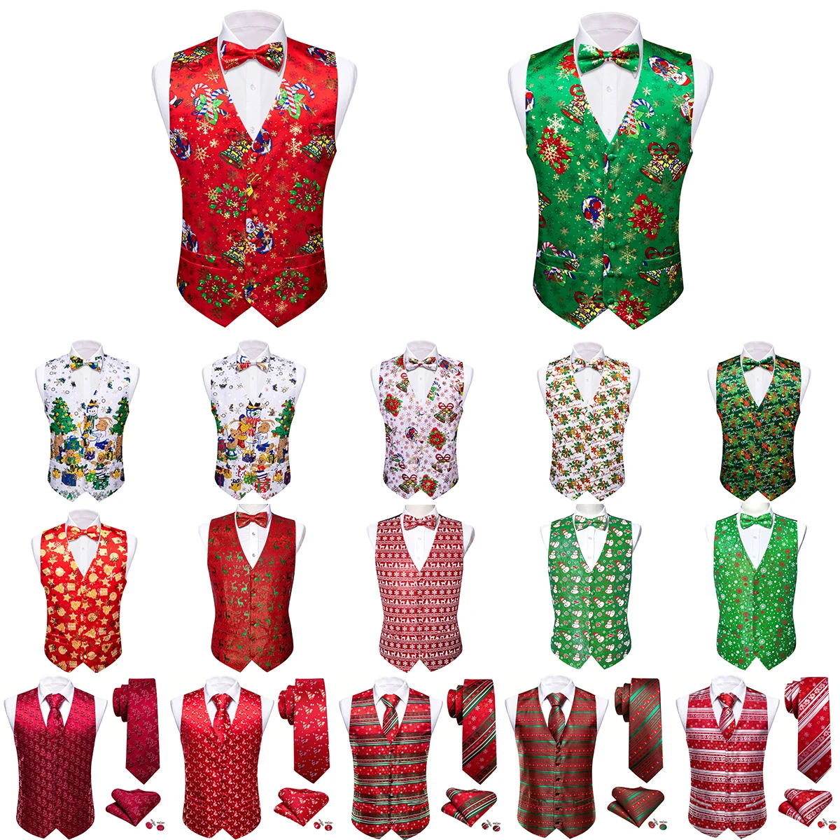 

Christmas Silk Mens Vest Red White Green Snowflake Santa Claus Elk Waistcoat Tie Bowtie Set Party Festival Barry Wang