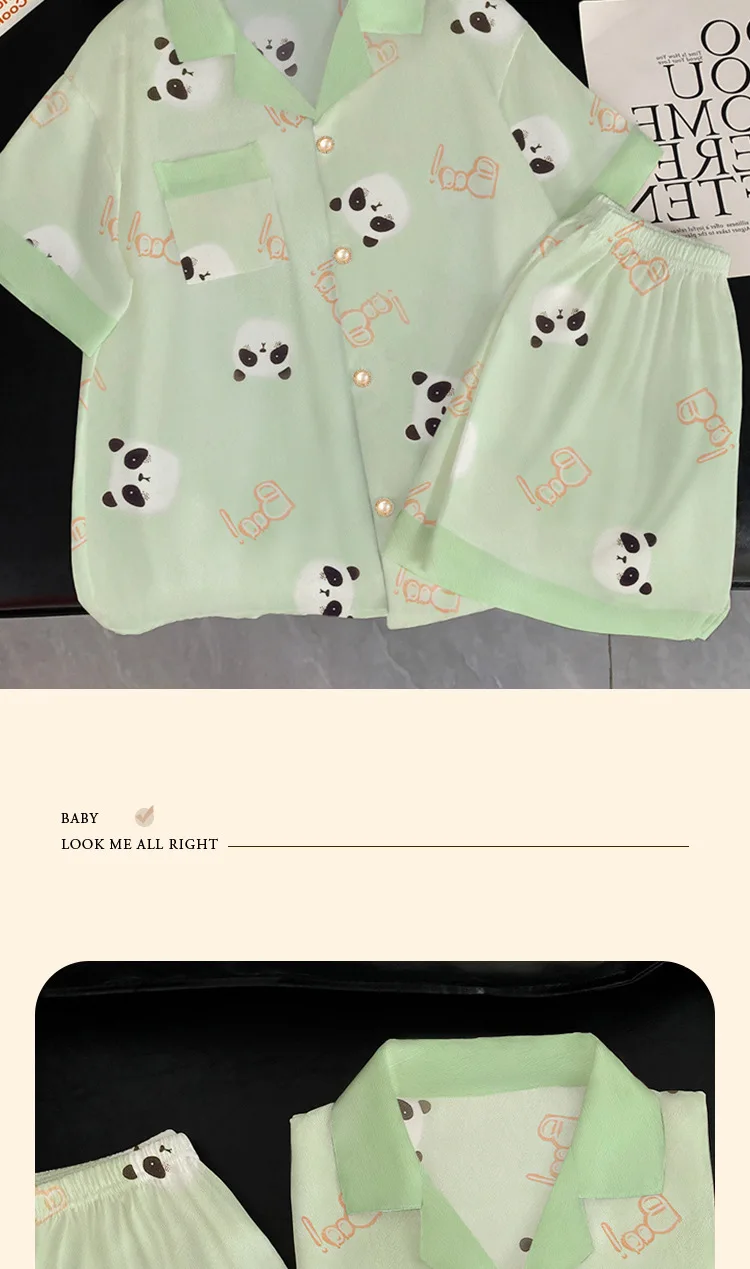 Summer Women's Ice Silk Fashion New Cartoon Pajamas Homewear Set Girls Color Collision Lapel Short-Sleeved Casual Homewear Set 32 S38a63242be454f1face309d69ee80ab7e