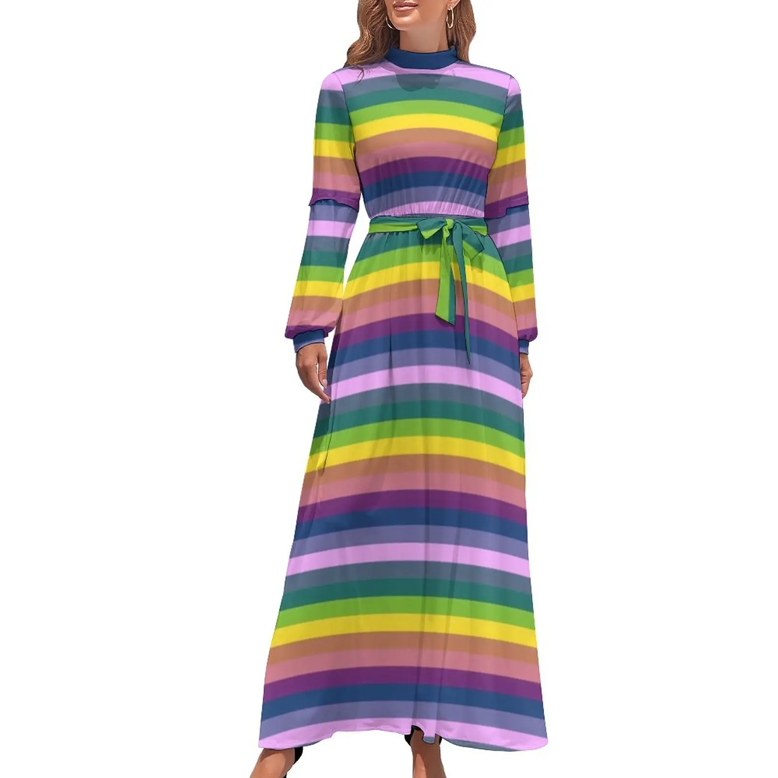 

80S Stripes Dress Long Sleeve Colorful Stripe Line Party Maxi Dress High Neck Fashion Design Beach Long Dresses Birthday Present