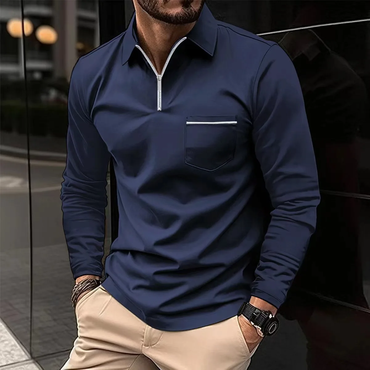 Lapel POLO shirt Men's long sleeve T-shirt Men's fall trend all-in-one zipper pocket men's solid color top sports polo shirt
Lapel POLO shirt Men's long sleeve T-shirt Men's fall trend all-in-one zipper pocket men's solid color top sports polo shirt
