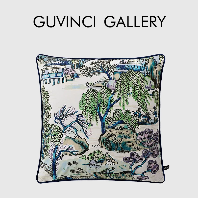 

GUVINCI Asian Scatter Exoticism Throw Pillow Cover Ancient Willow Pavilion Decorative Cushion Case For Home Villa Hotel Office
