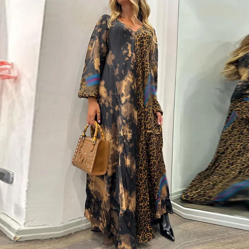 Women Fall Vintage Leopard Loose Robe Spring Fashion V Neck Large Swing Pullover Long Dress Female Casual Long-Sleeve Maxi Dress
Women Fall Vintage Leopard Loose Robe Spring Fashion V Neck Large Swing Pullover Long Dress Female Casual Long-Sleeve Maxi Dress