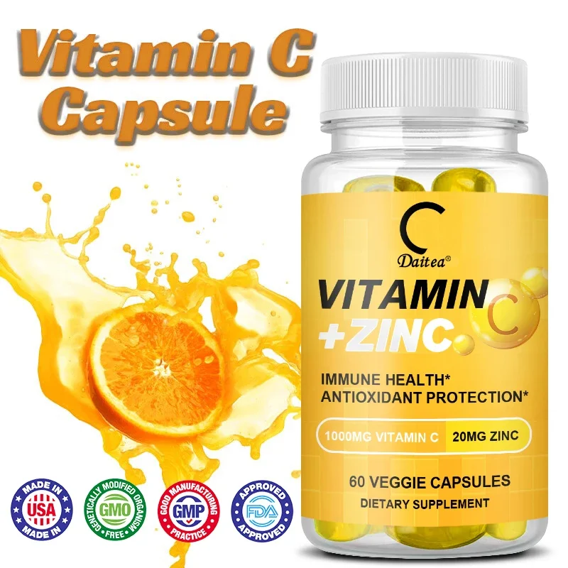 

Organic Vitamin C 1000 mg and Zinc 20 mg Capsules Support Skin, Immune Health, Antioxidant Supplement - 60 Vegetable Capsules
