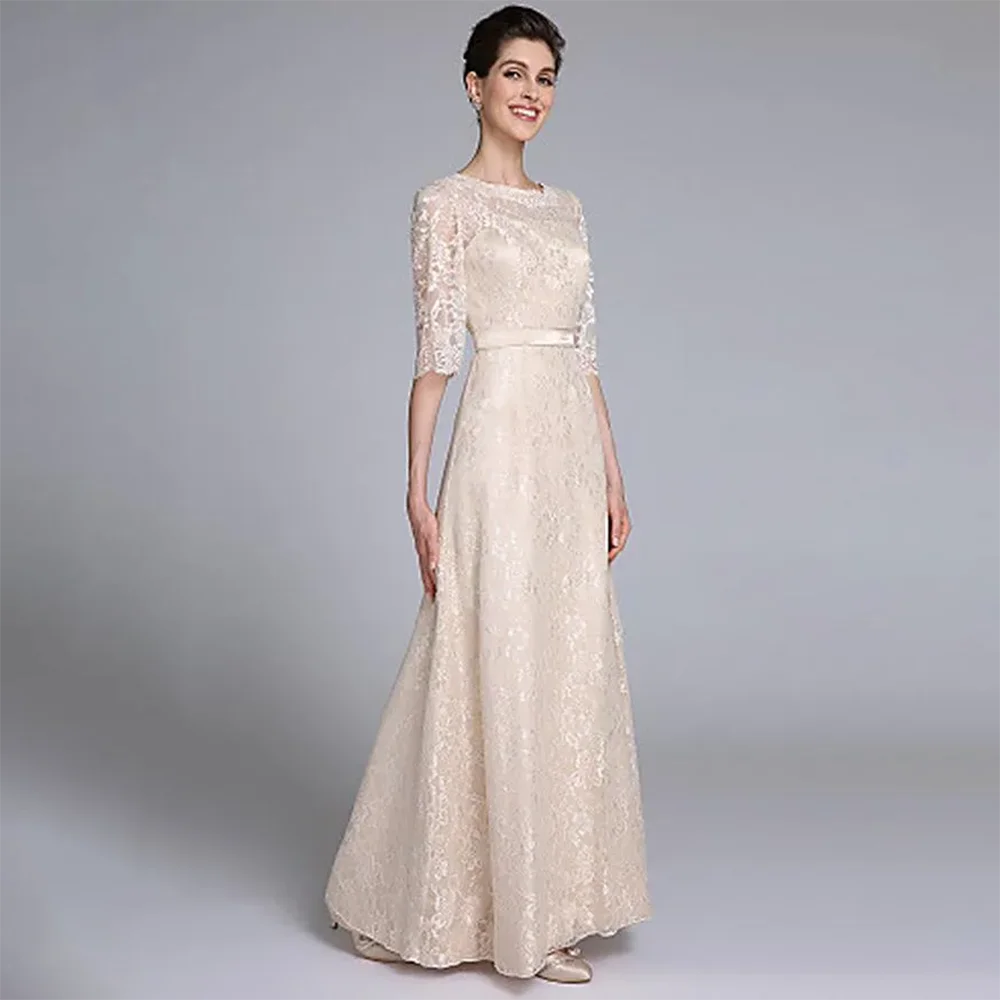

2024 New Lace Sheath Jewel Half Sleeves Mother Of Bride Dresses With Sash Floor Length For Evening Dress