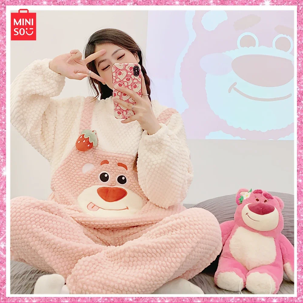 

2024 Miniso New Lotso Winter Cartoon Cute Pajamas Pajamas Pants 2-Pcs Rose Velvet Round Neck Set of Thick Velvet Loungewear