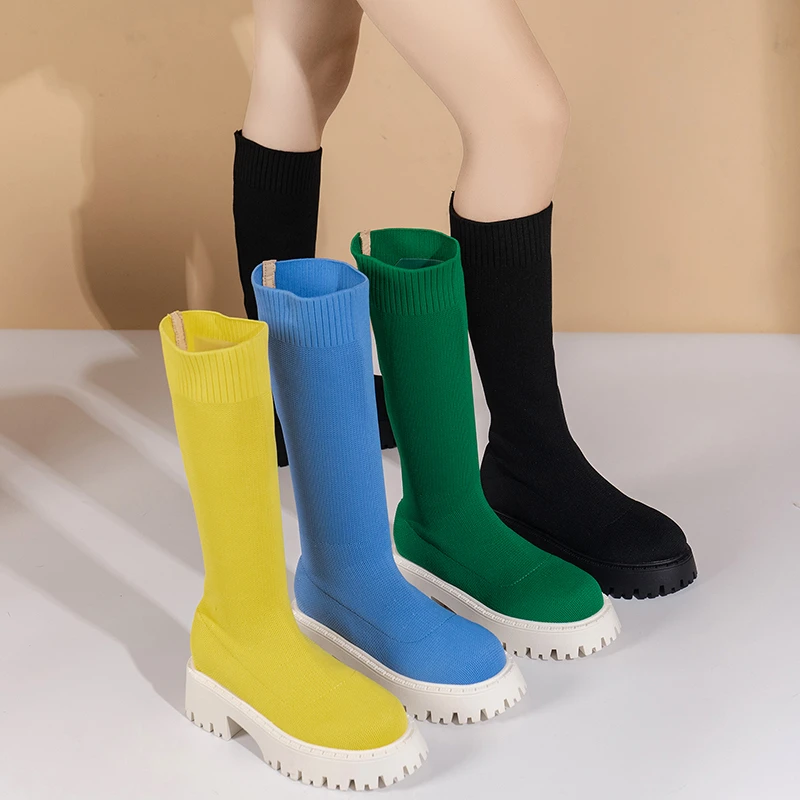 

Женские сапоги до колена, разноцветные вязаные дышащие Сапоги на толстой нескользящей подошве, эластичная обувь для осени и зимы, 2023