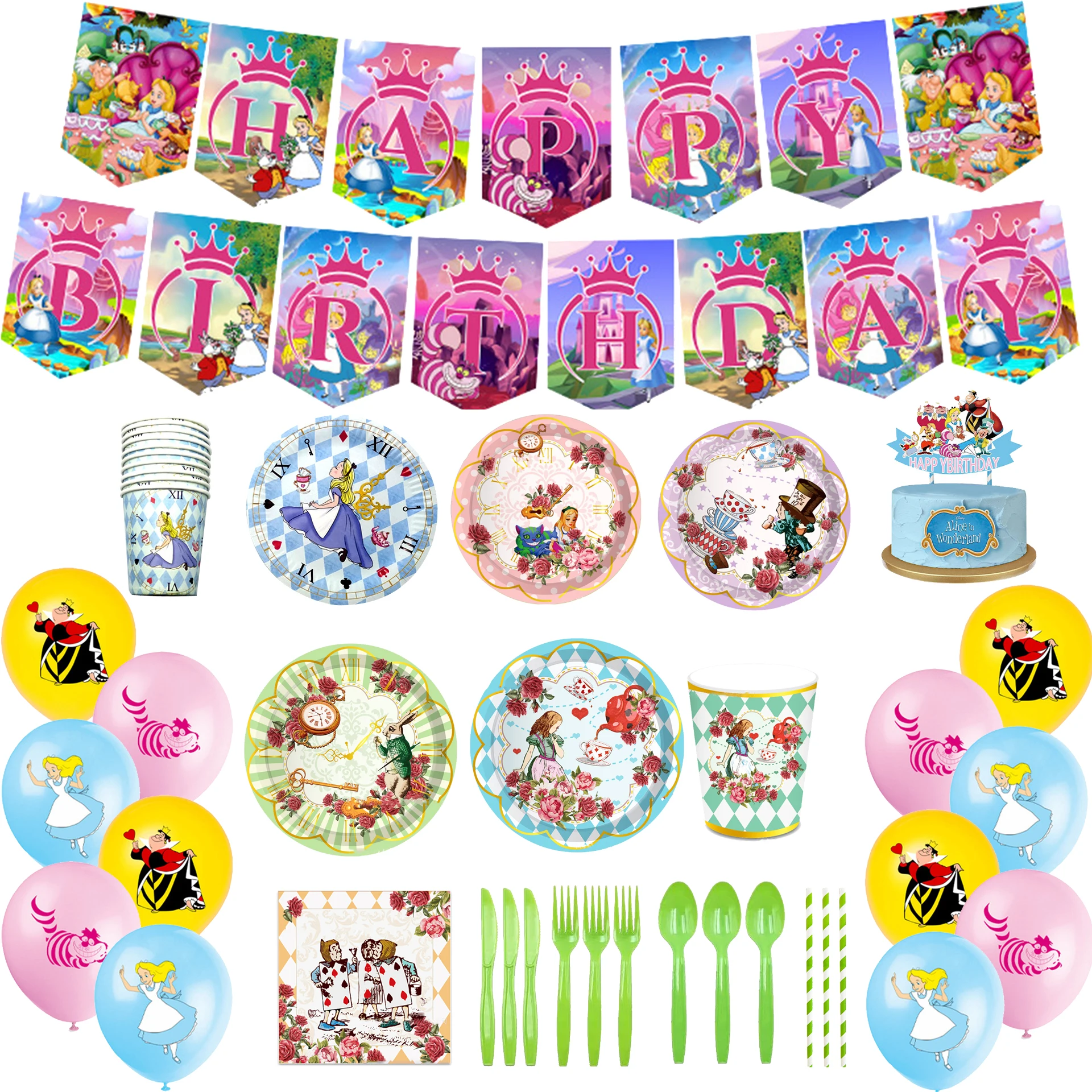 

Украшения для дня рождения Disney, Алиса в стране чудес, одноразовая посуда, тарелка, бумажный фон, воздушный шар, подарок для девочки для ванны