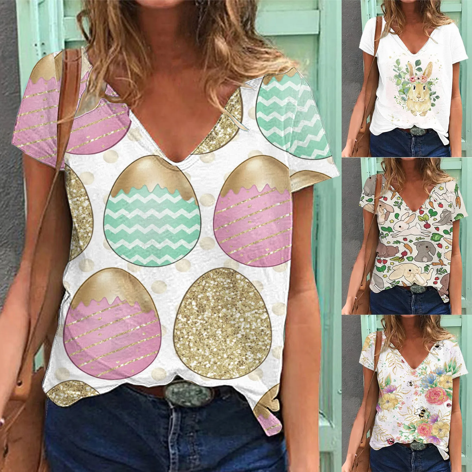 Easter Egg Pattern Printing Fashion V Neck T Shirt Spring And Summer Casual Short Sleeve Blouse Cute Cartoon Bunny Printed Tops
Easter Egg Pattern Printing Fashion V Neck T Shirt Spring And Summer Casual Short Sleeve Blouse Cute Cartoon Bunny Printed Tops