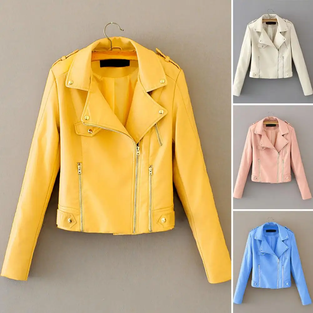 

Classic Biker Jacket Coldproof Women Jacket Lapel Fall Winter Solid Color Faux Leather Motorcycle Jacket Coat Warm