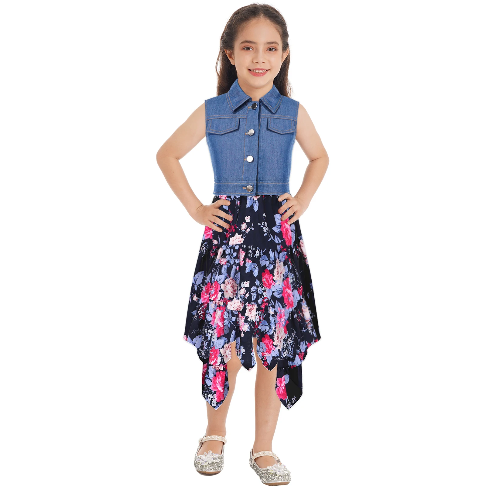Kids Girls Denim Patchwork Dress Fashion Sleeveless Buttons Floral Asymmetrical Chiffon Skirt Casual Dress Summer Party Dress
Kids Girls Denim Patchwork Dress Fashion Sleeveless Buttons Floral Asymmetrical Chiffon Skirt Casual Dress Summer Party Dress