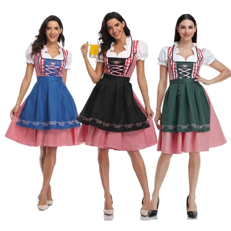 

Traditional Bavarian Oktoberfest Costumes Plaid Dirndl Dresses Women Apron Dress German Beer Wench Maid Cosplay Party Dress Set
