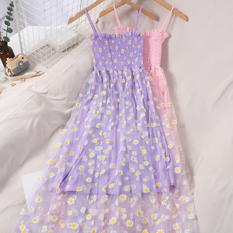 

Summer Strapless Daisy Embroidery Lace Mesh Dress Women Sleeveless Folds Spaghetti Strap Dress Female A Line Long Tank Vestidos