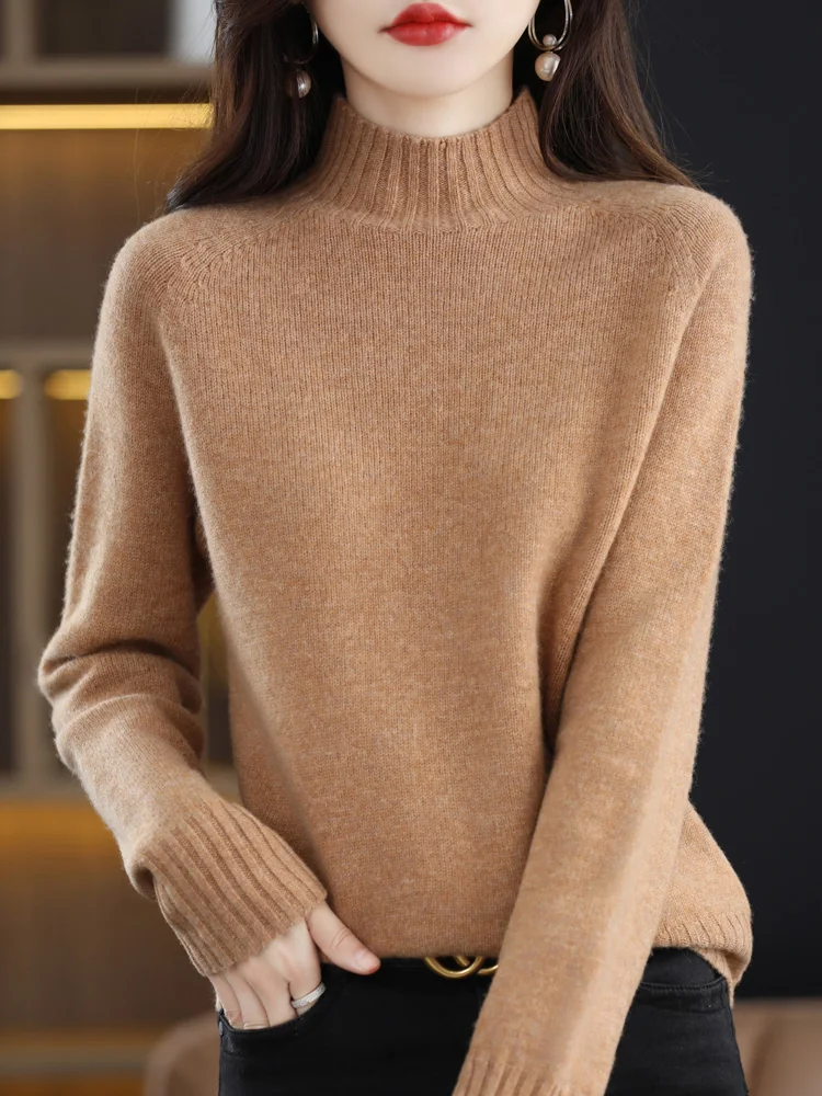 

Long Sleeve Cashmere Women Knitted Sweaters 100% Pure Merino Wool Spring Autume Mock-Neck Top Pullover Non-Connect One Line