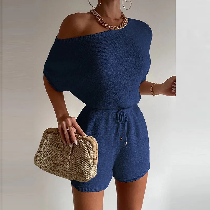 

Sexy Asymmetric Off Shoulder Lace Up Romper Casual Solid High Street Women's Jumpsuits New Summer Knitted Slim Shorts Playsuits