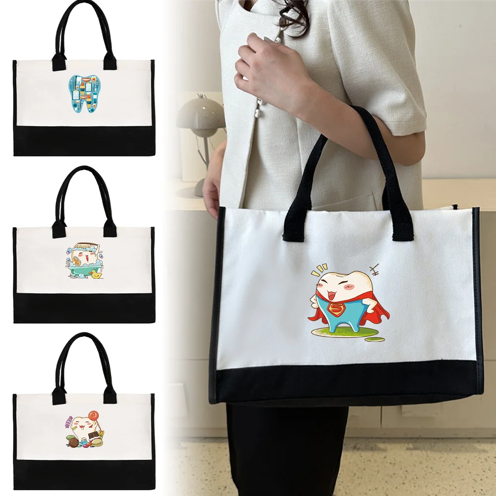 

New Portable Women's Handheld Shopping Bag Reusable and Environmentally Friendly Jute Shopping Teeth Series Printing Pattern