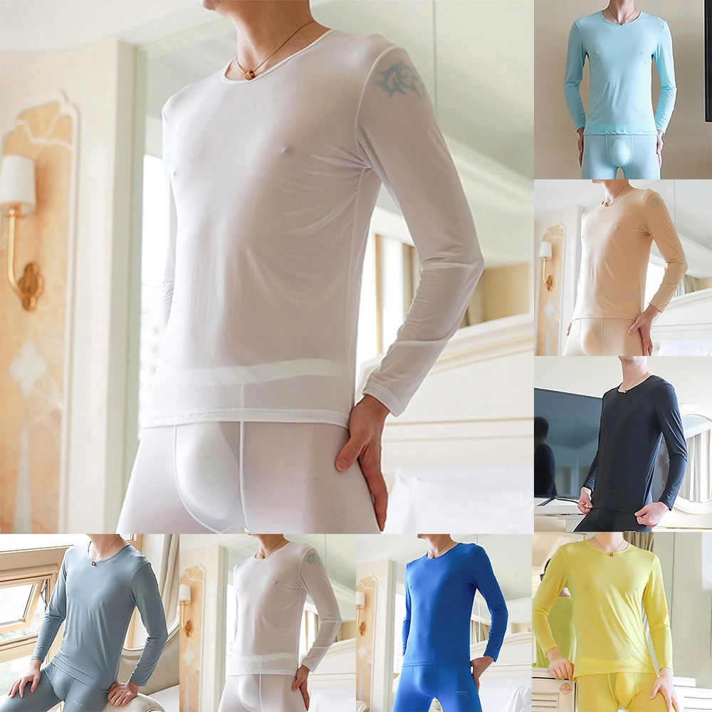 

Men Thermal Underwear Shirt Tops Ice Silk Seamless Breathable T-Shirt See Through Nightwear Thermal Undershirt Warm Tops