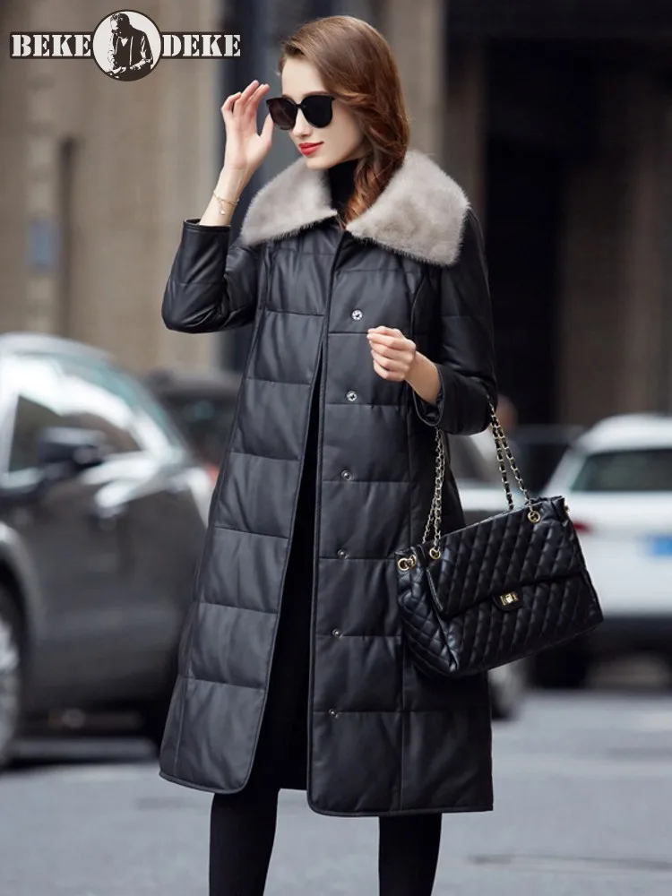 Elegant Women Fur Collar Long Overcoat Genuine Leather Down Jacket Office Lady Work Winter Thick Warm Soft Sheepskin Trench Coat
Elegant Women Fur Collar Long Overcoat Genuine Leather Down Jacket Office Lady Work Winter Thick Warm Soft Sheepskin Trench Coat